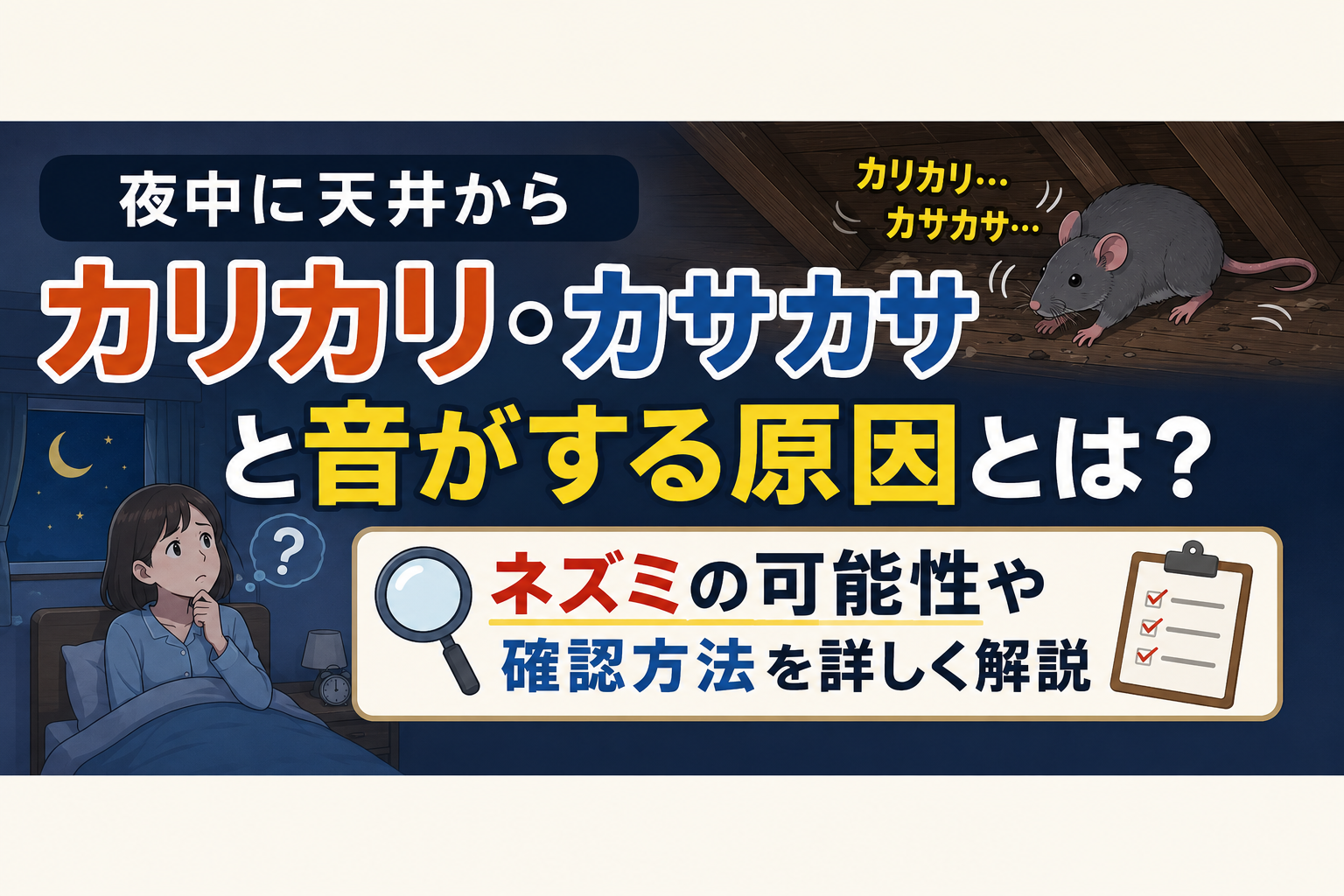 夜中に天井からカリカリ・カサカサと音がする原因とは?