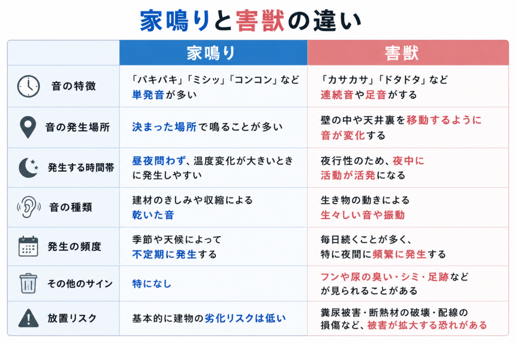 家鳴りと害獣の違いを比較した表