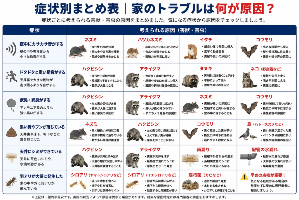 家の害獣・害虫トラブル症状別まとめ表