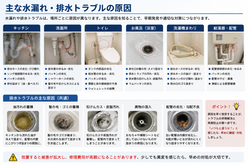 主な水漏れ・排水トラブルの原因