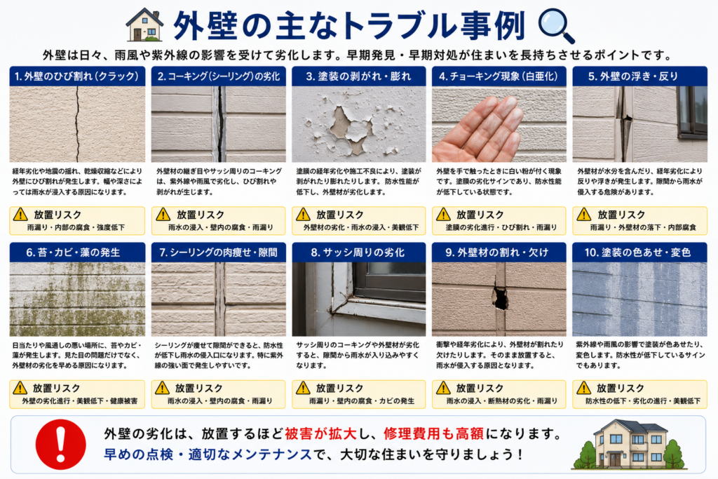 外壁の主なトラブル事例