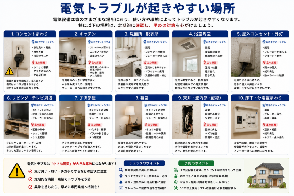 電気トラブルが起きやすい場所