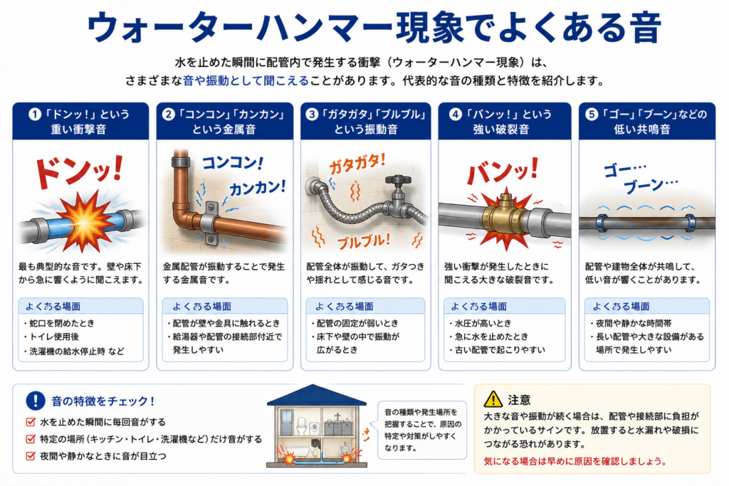 ウォーターハンマー現象でよくある音