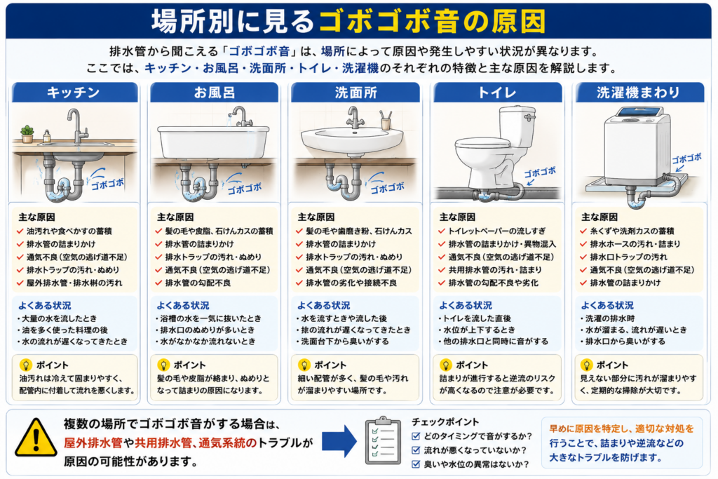 場所別に見るゴボゴボ音の原因