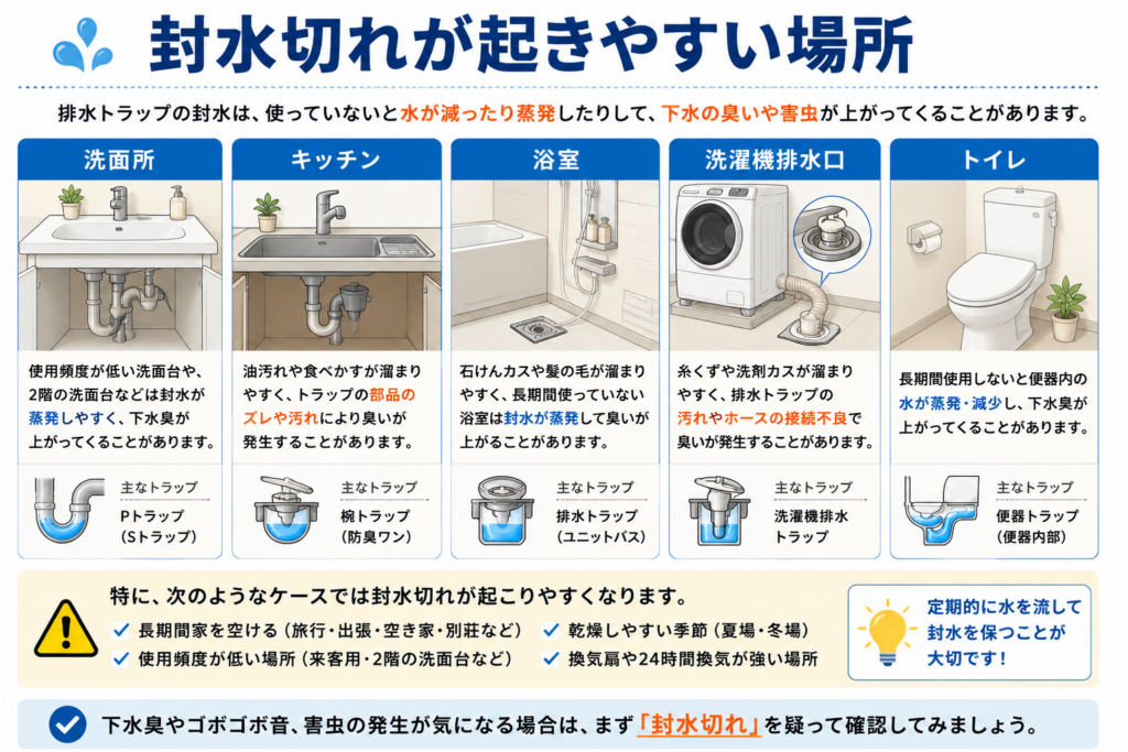 封水切れが起きやすい場所