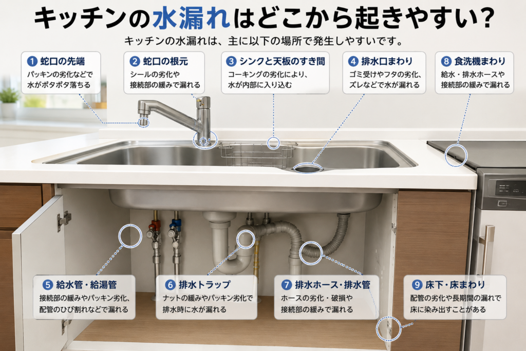 キッチンの水漏れはどこから起きやすい?