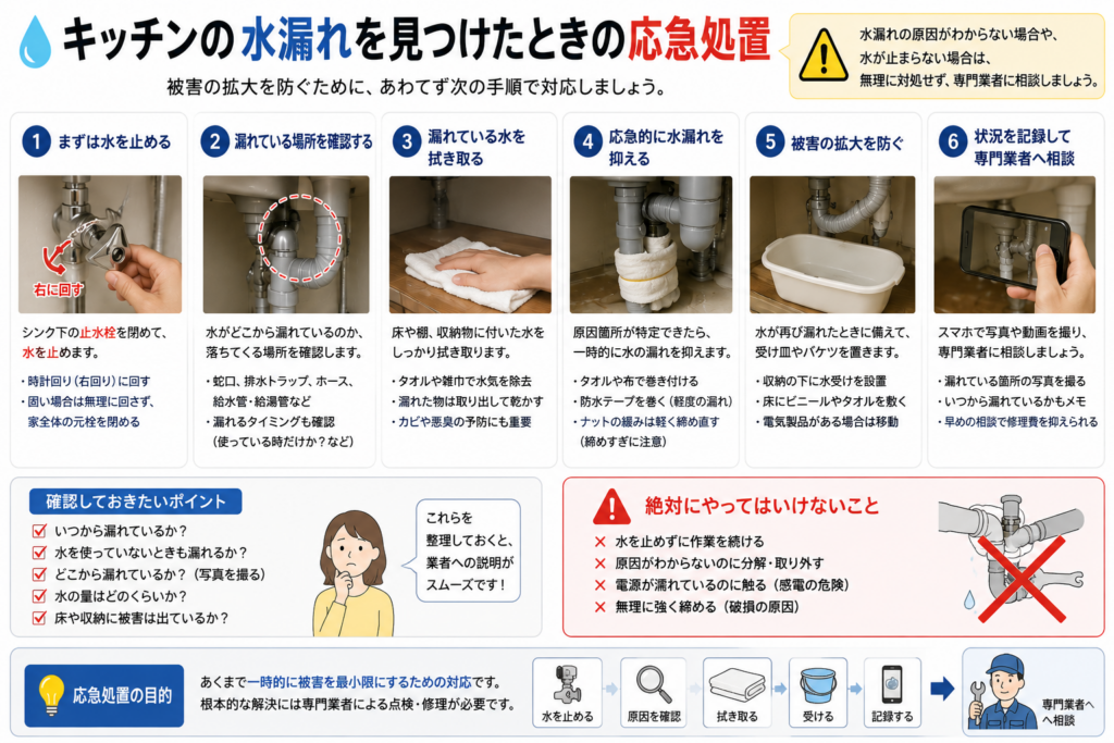 キッチンの水漏れを見つけたときの応急処置