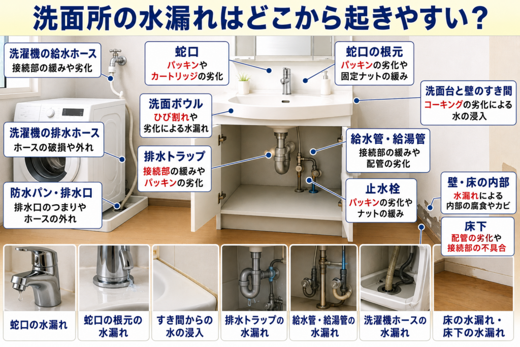 洗面所の水漏れはどこから起きやすい？