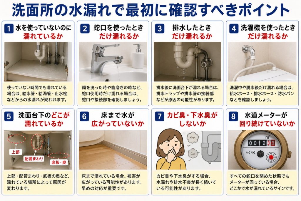 洗面所の水漏れで最初に確認すべきポイント
