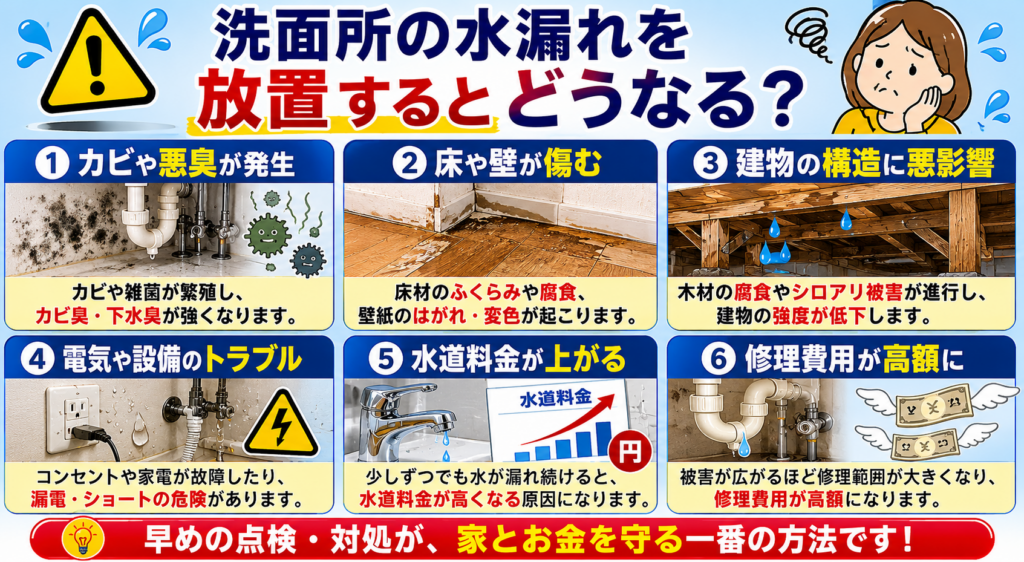 洗面所の水漏れを放置するとどうなる？