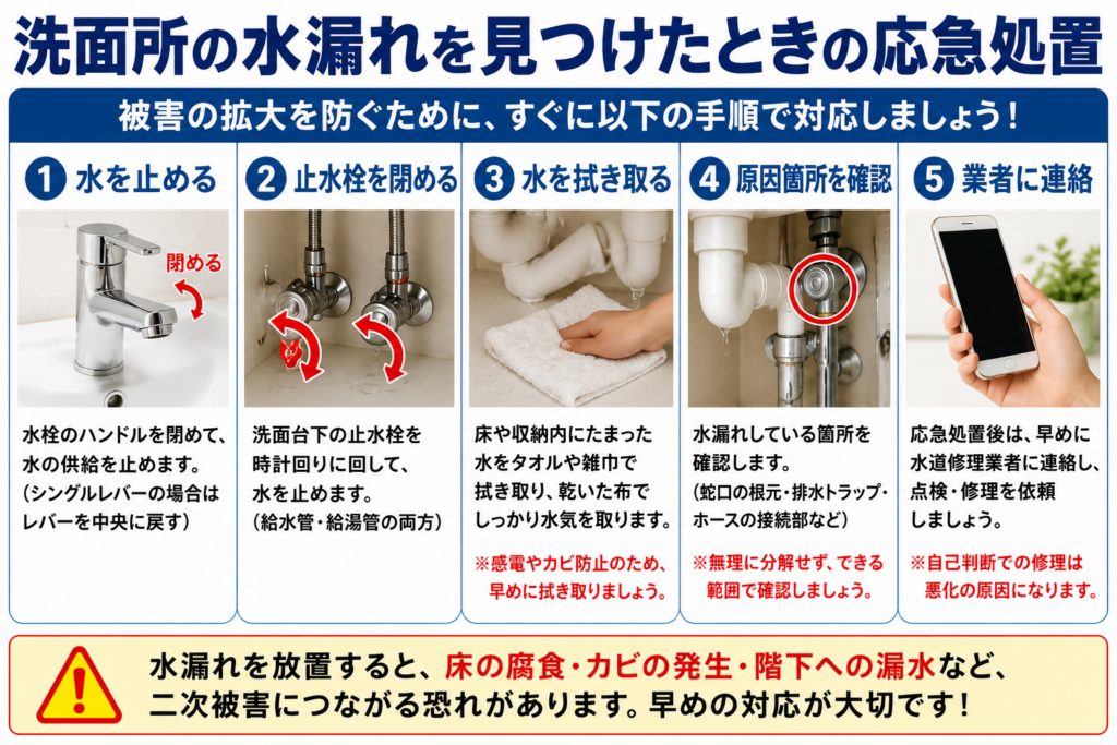 洗面所の水漏れを見つけたときの応急処置