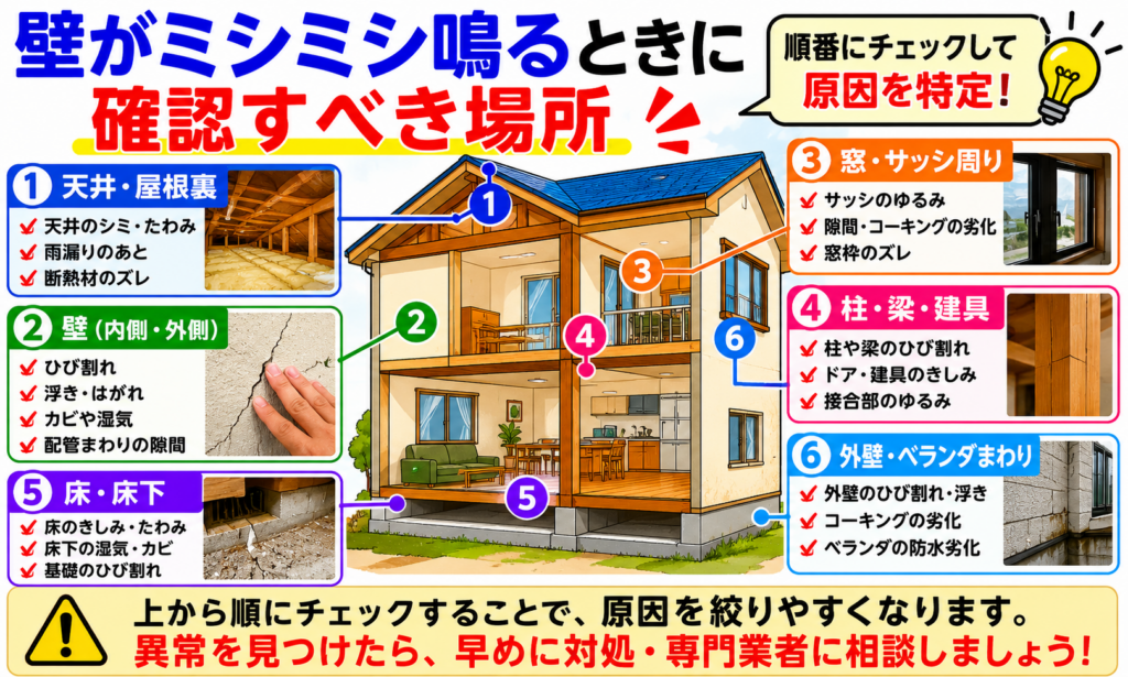 壁がミシミシ鳴るときに確認すべき場所