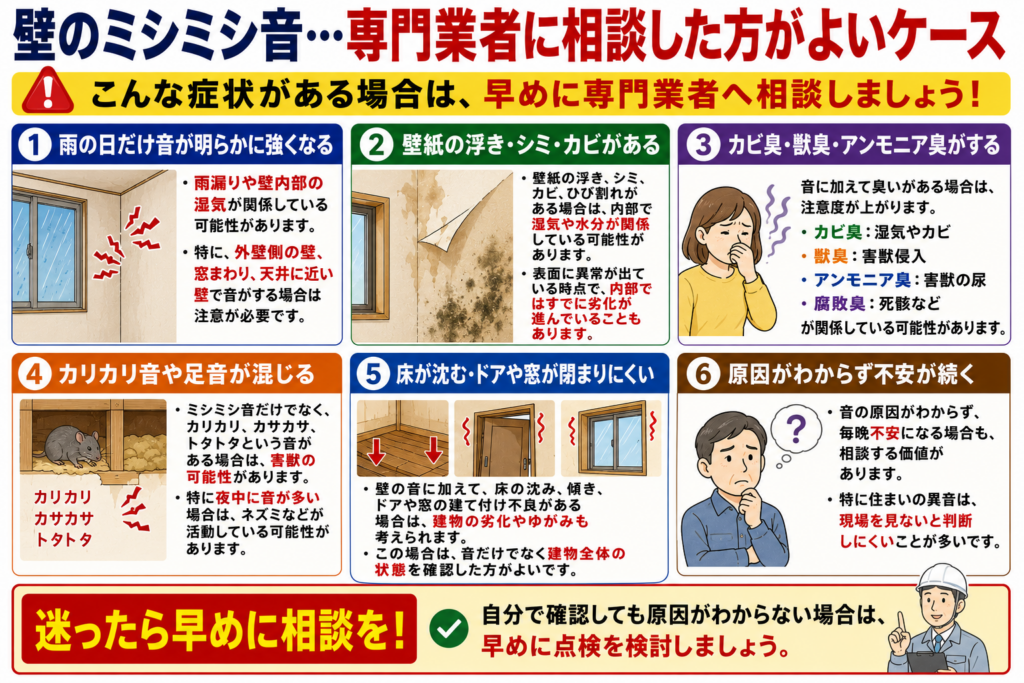 壁のミシミシ音、専門業者に相談した方がよいケース