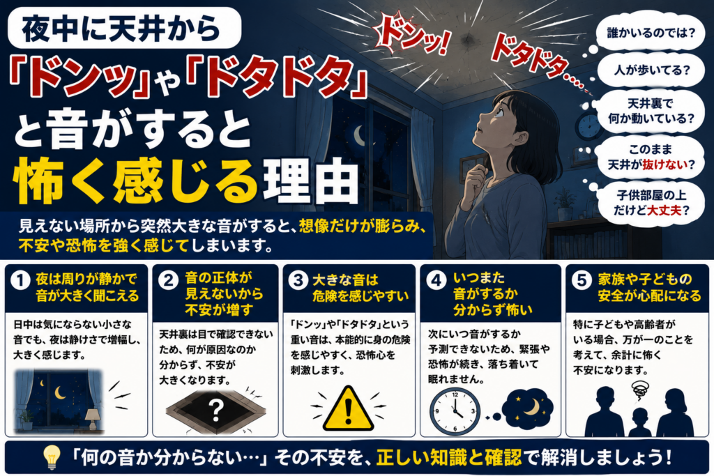 夜中に天井からドンッ・ドタドタと音がすると怖く感じる理由