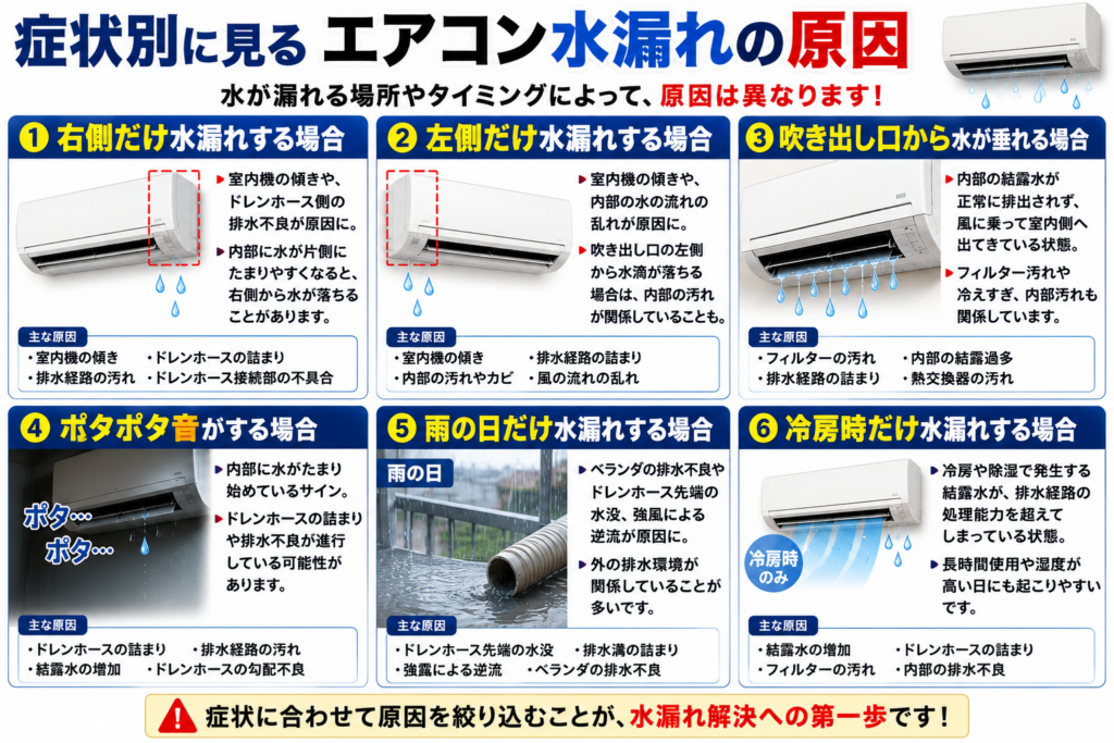 症状別に見るエアコン水漏れの原因