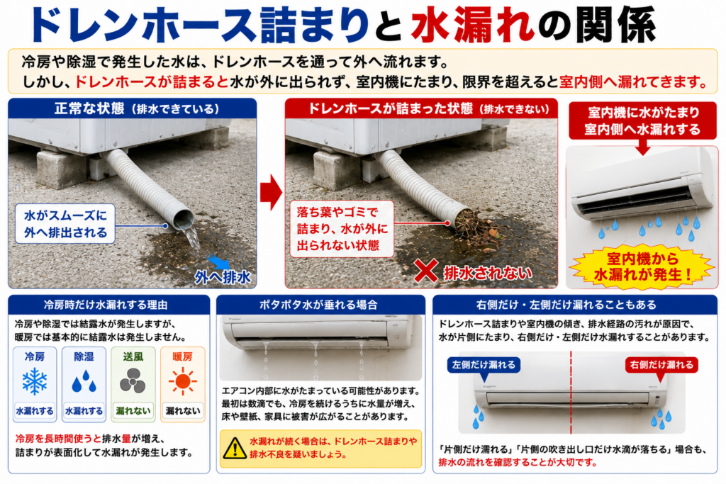 ドレンホース詰まりと水漏れの関係