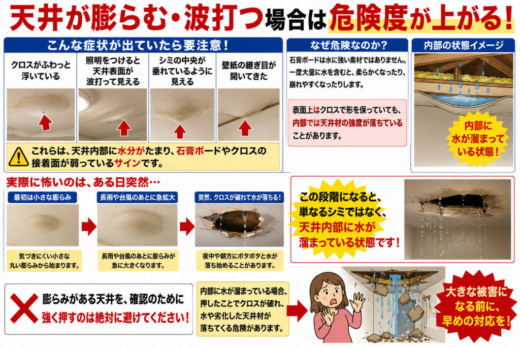 天井が膨らむ・波打つ場合は危険度が上がる