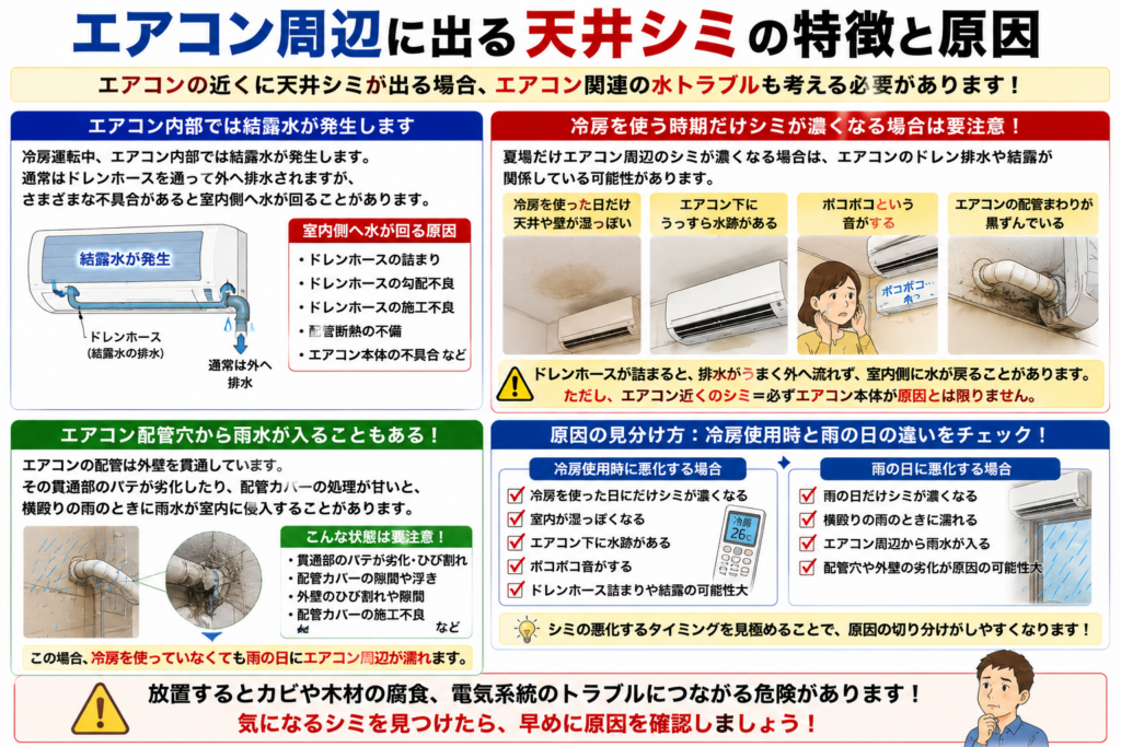 エアコン周辺に出る天井シミの特徴と原因