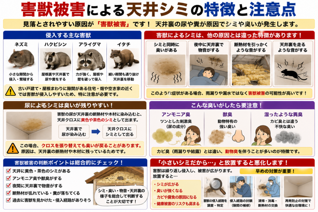 害獣被害による天井シミの特徴と注意点