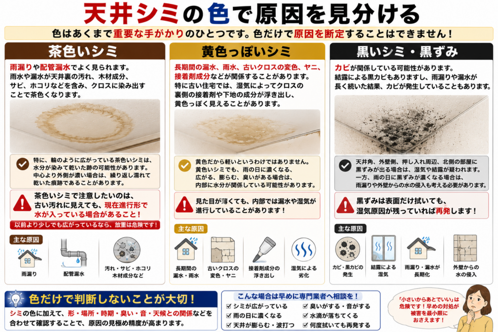 天井シミの色で原因を見分ける