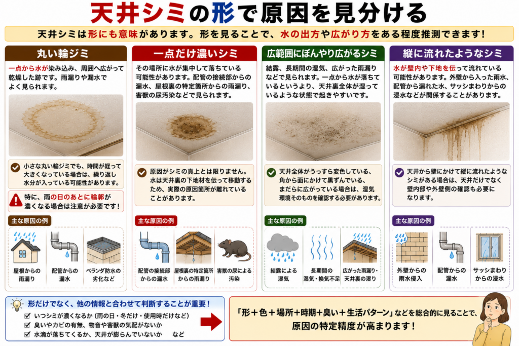 天井シミの形で原因を見分ける