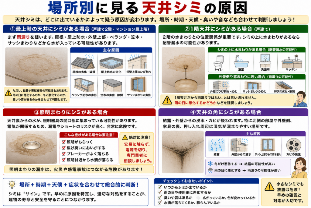 場所別に見る天井シミの原因