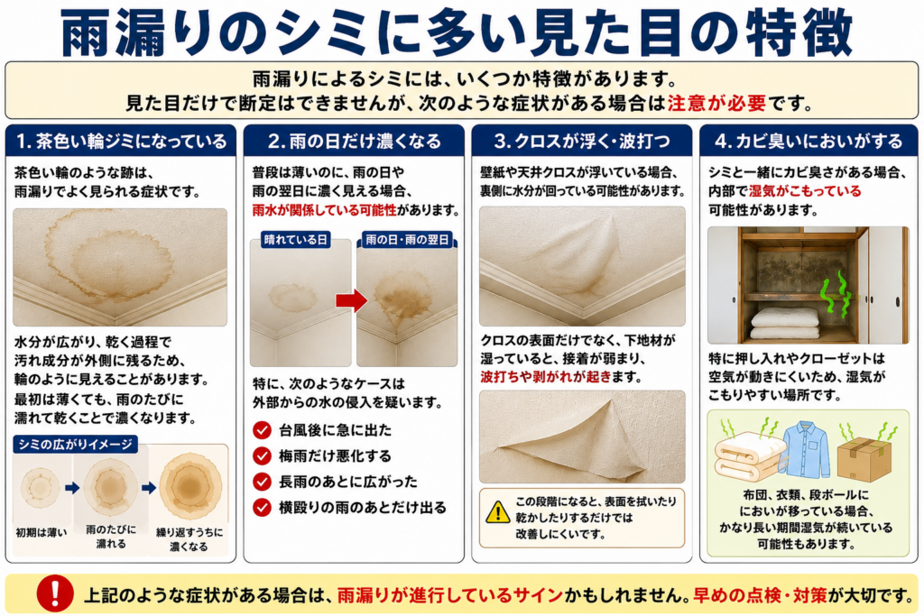 雨漏りのシミに多い見た目の特徴
