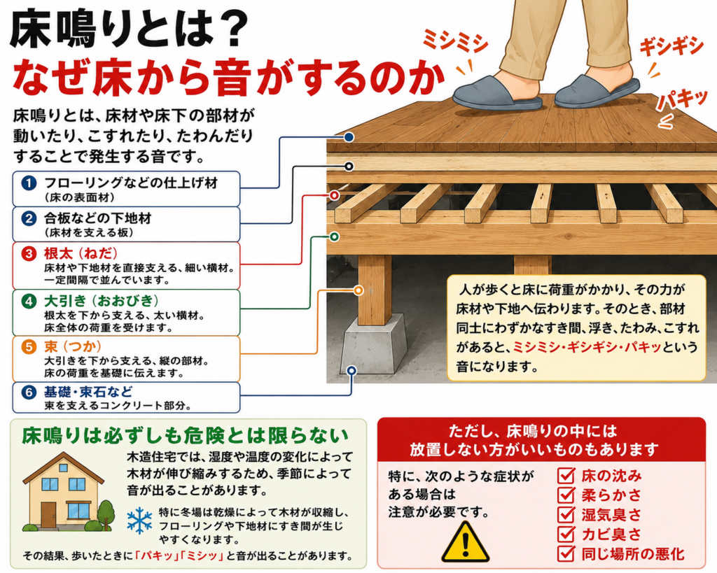床鳴りとは？なぜ床から音がするのか