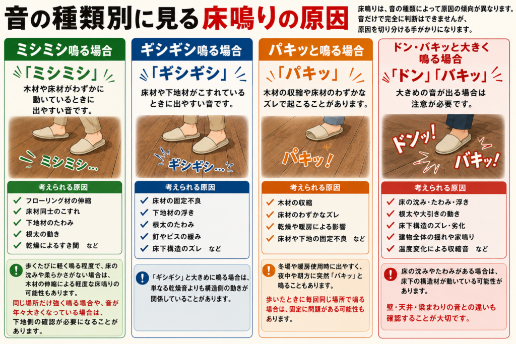 音の種類別に見る床鳴りの原因