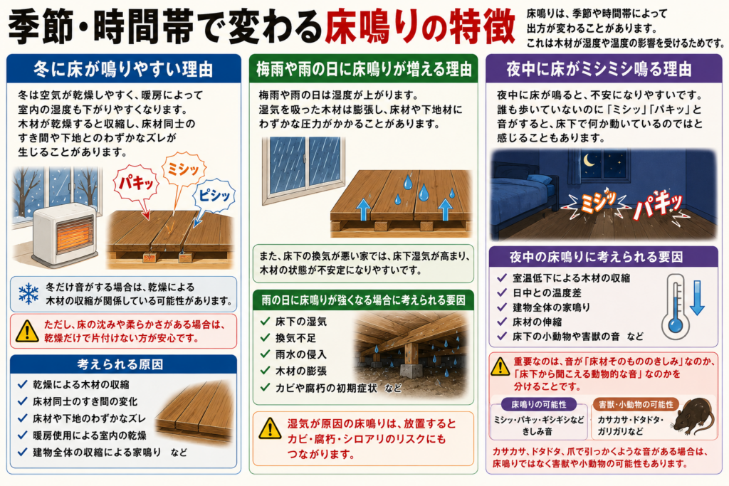季節・時間帯で変わる床鳴りの特徴