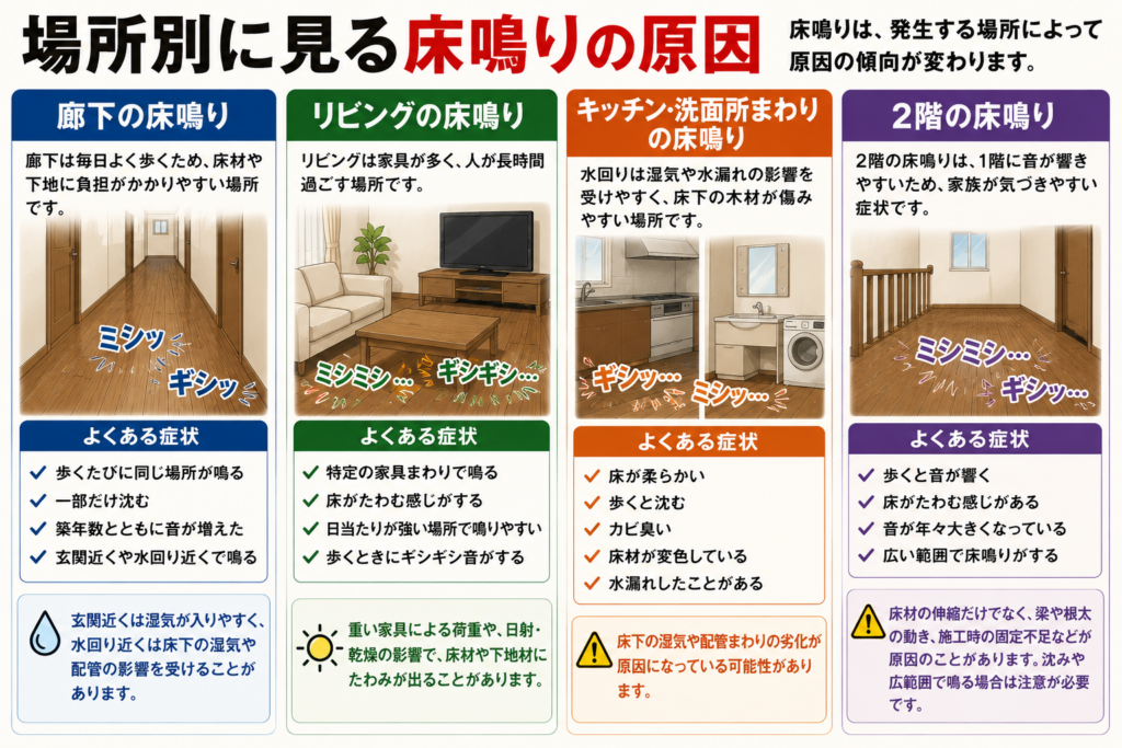 場所別に見る床鳴りの原因