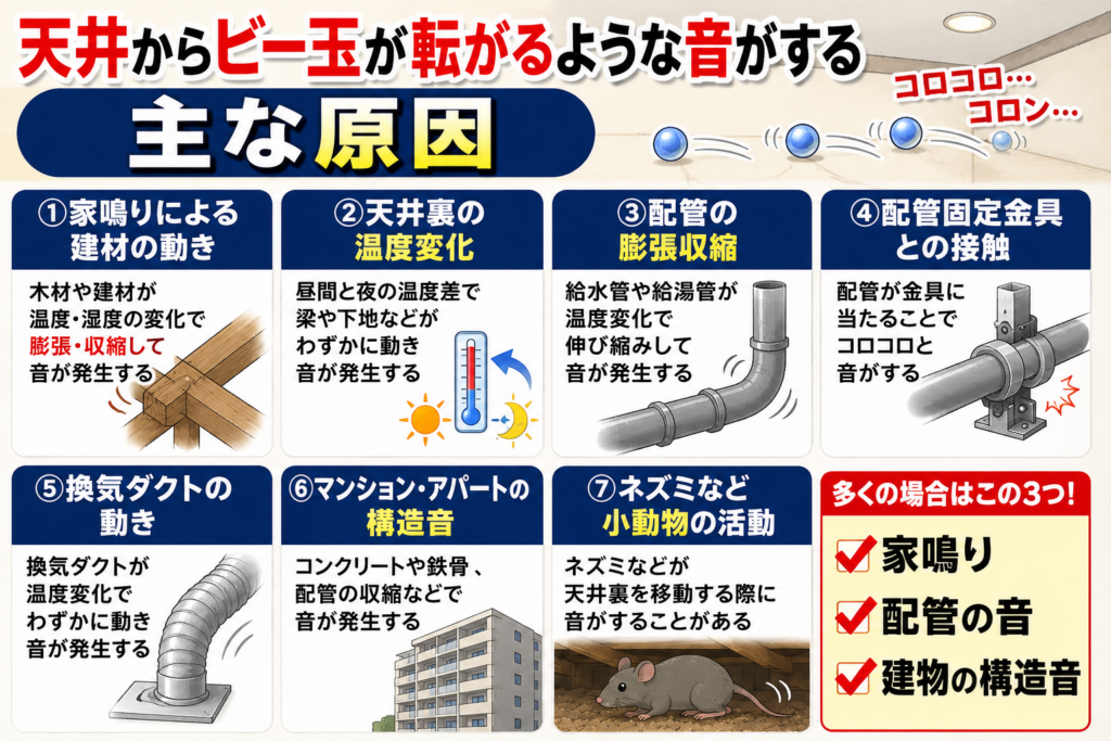天井からビー玉が転がるような音がする主な原因