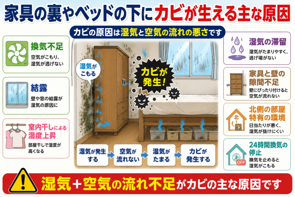家具の裏やベッドの下にカビが生える主な原因