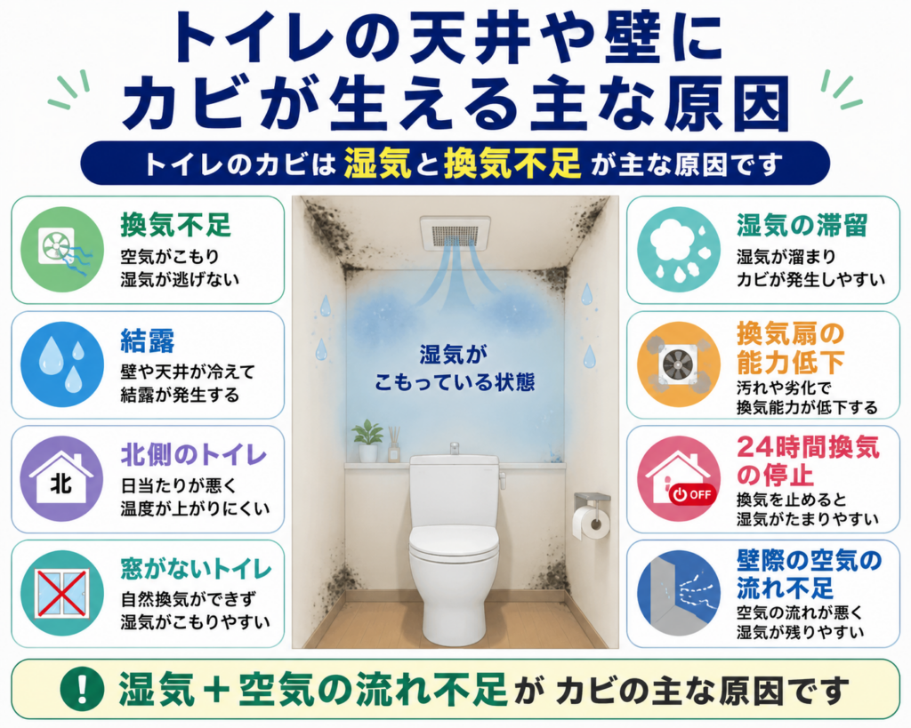 トイレの天井や壁にカビが生える主な原因
