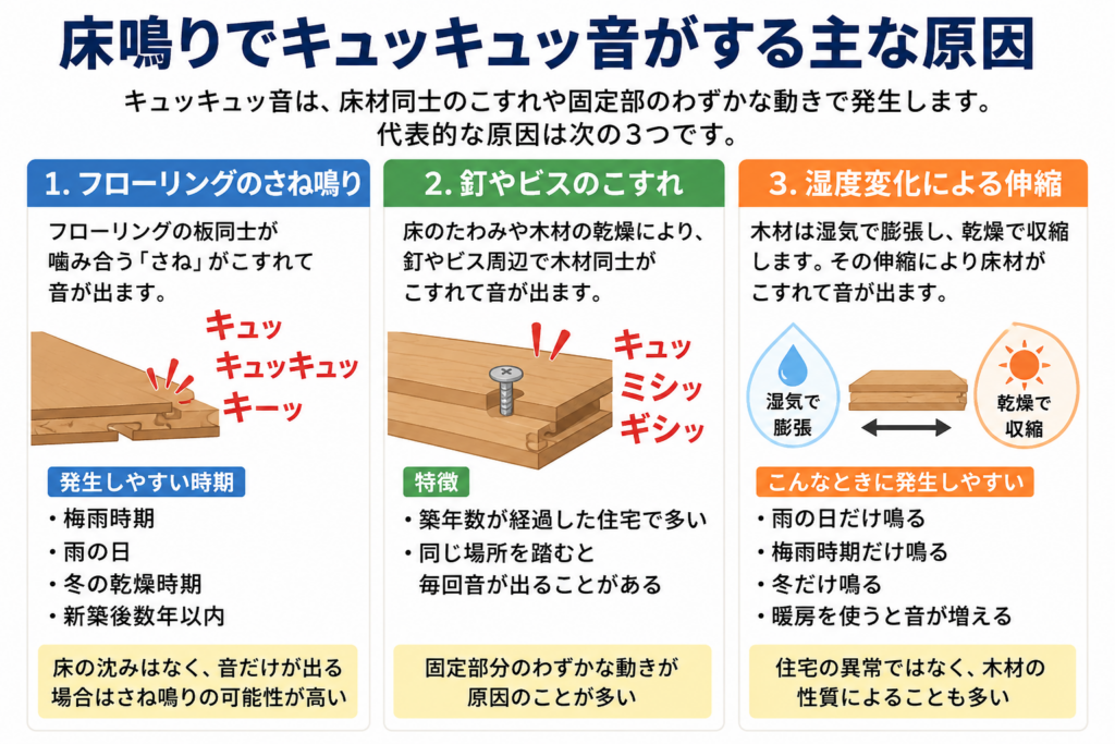 床鳴りでキュッキュッ音がする主な原因