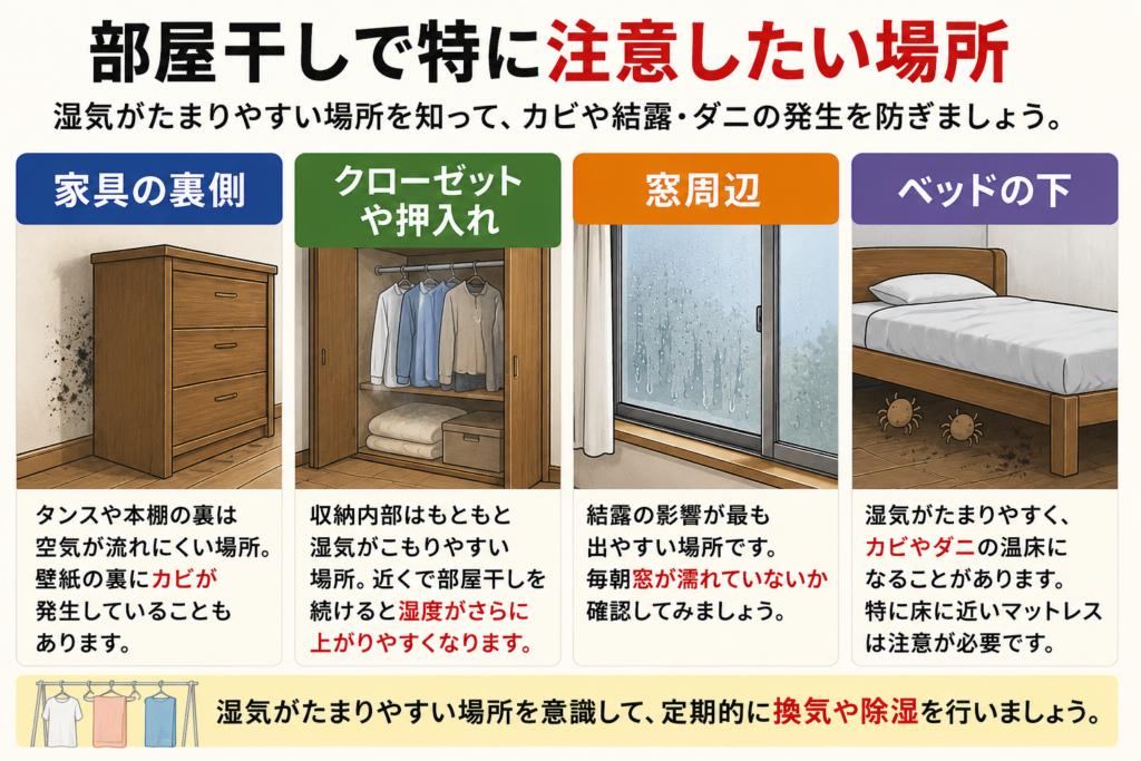 部屋干しで特に注意したい場所