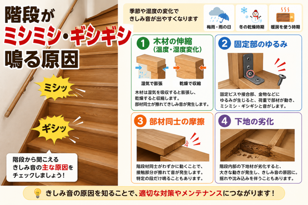 階段がミシミシ・ギシギシ鳴る原因