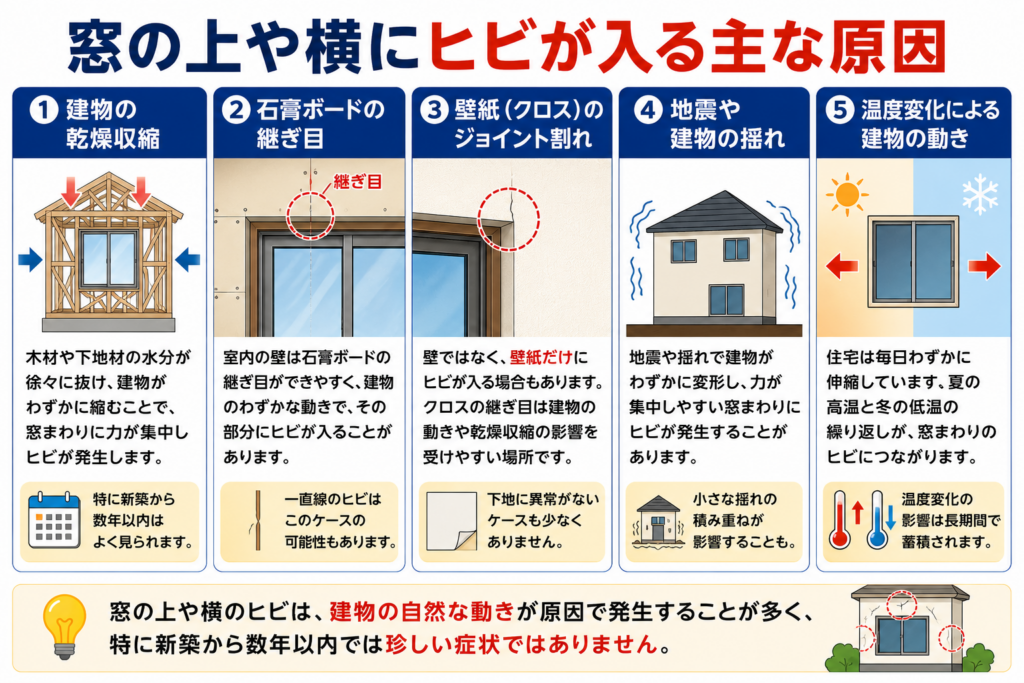 窓の上や横にヒビが入る主な原因