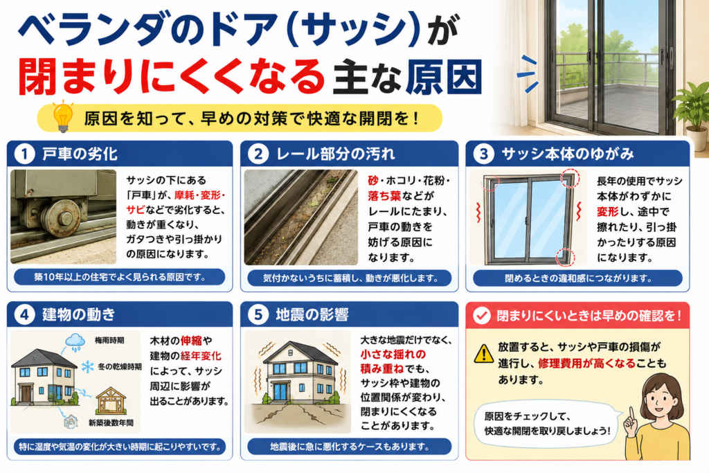 ベランダのドア（サッシ）が閉まりにくくなる主な原因