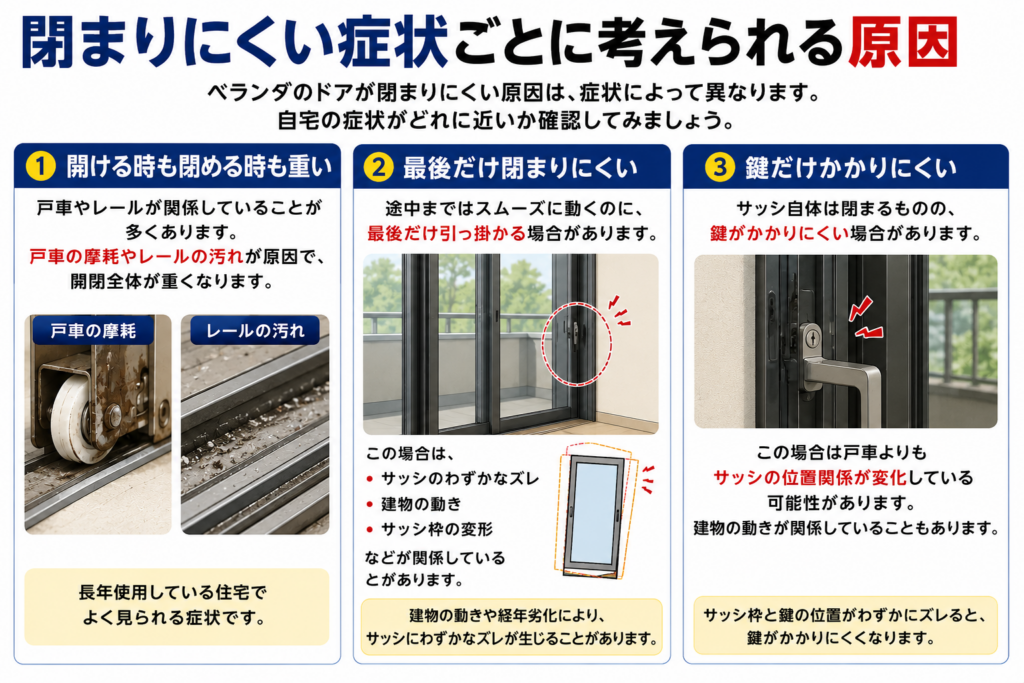 閉まりにくい症状ごとに考えられる原因