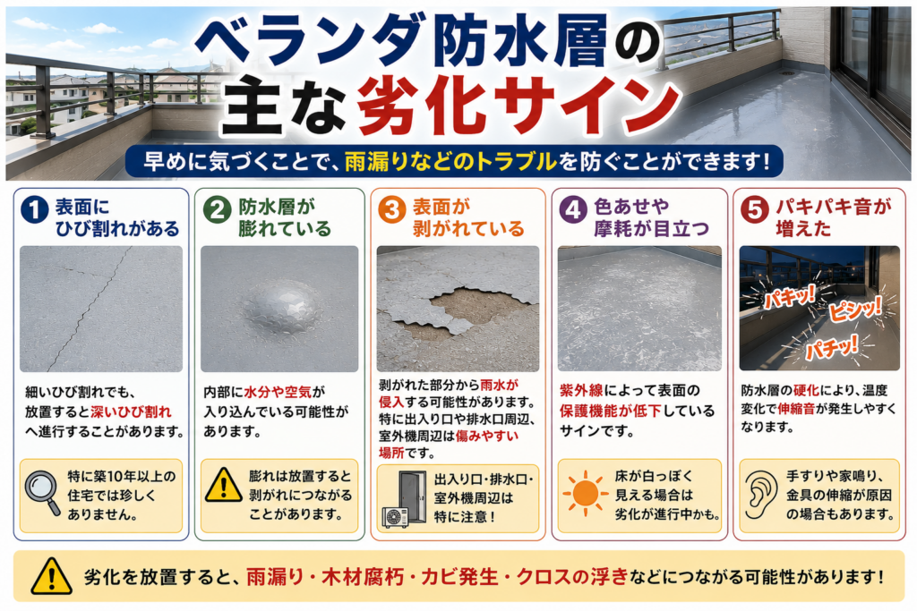 ベランダ防水層の主な劣化サイン