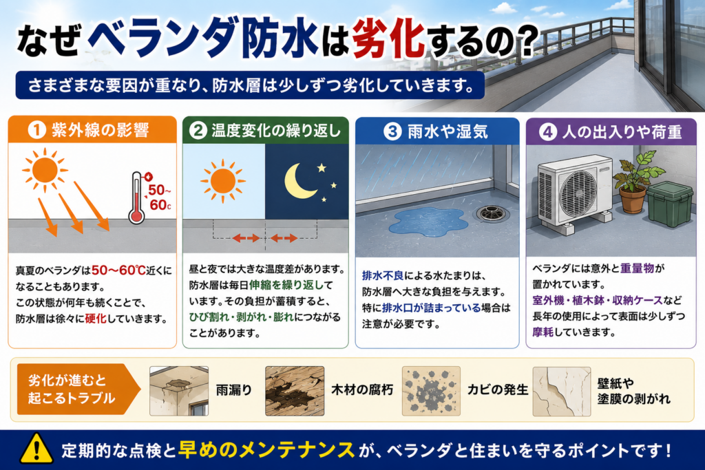 なぜベランダ防水は劣化するの？