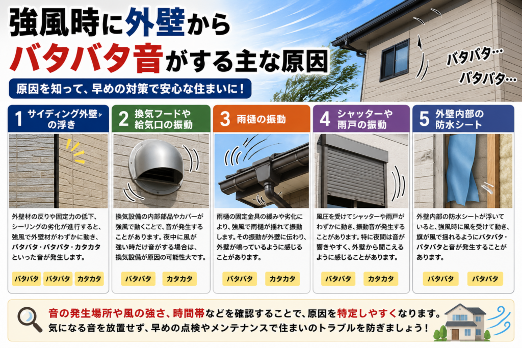 強風時に外壁からバタバタ音がする主な原因