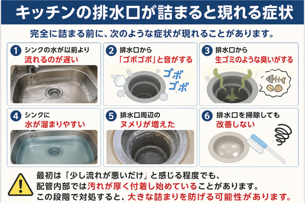 キッチンの排水口が詰まると現れる症状