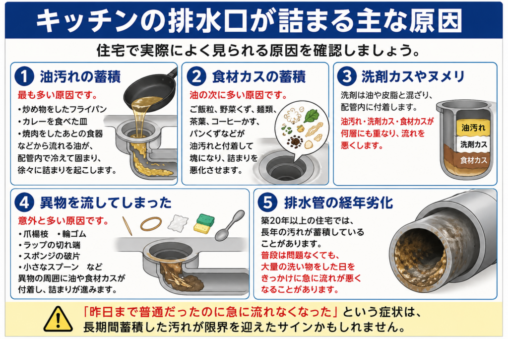 キッチンの排水口が詰まる主な原因