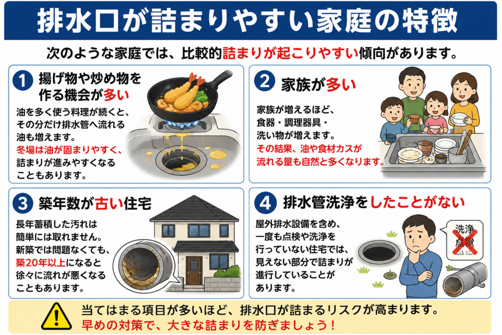 排水口が詰まりやすい家庭の特徴