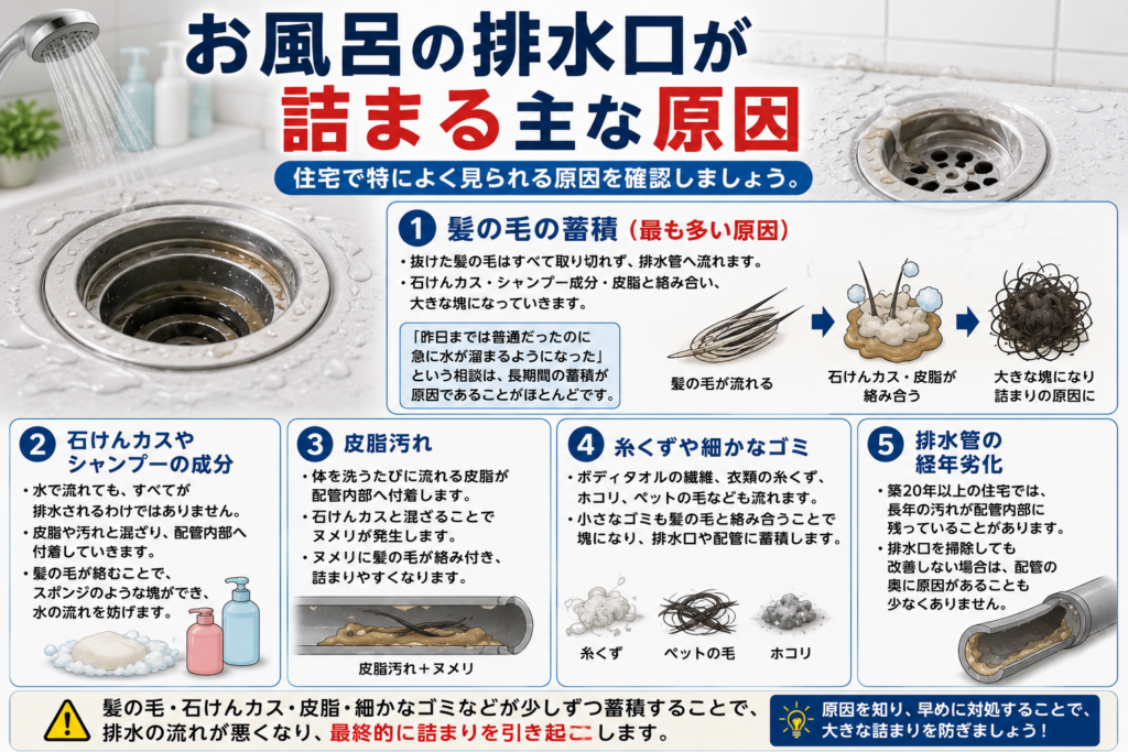 お風呂の排水口が詰まる主な原因