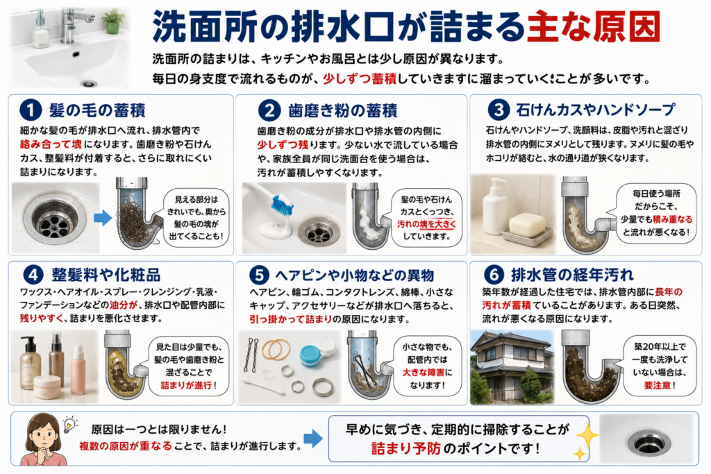 洗面所の排水口が詰まる主な原因