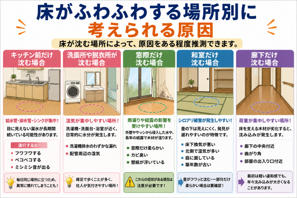 床がふわふわする場所別に考えられる原因