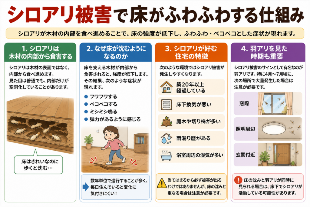 シロアリ被害で床がふわふわする仕組み